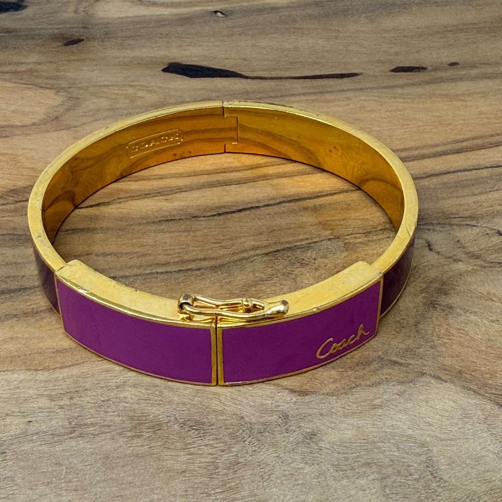 Coach Purple Enamel Gold Tone Hinge Bangle Bracelet Designer Classic Chic Luxury - Picture 7 of 9
